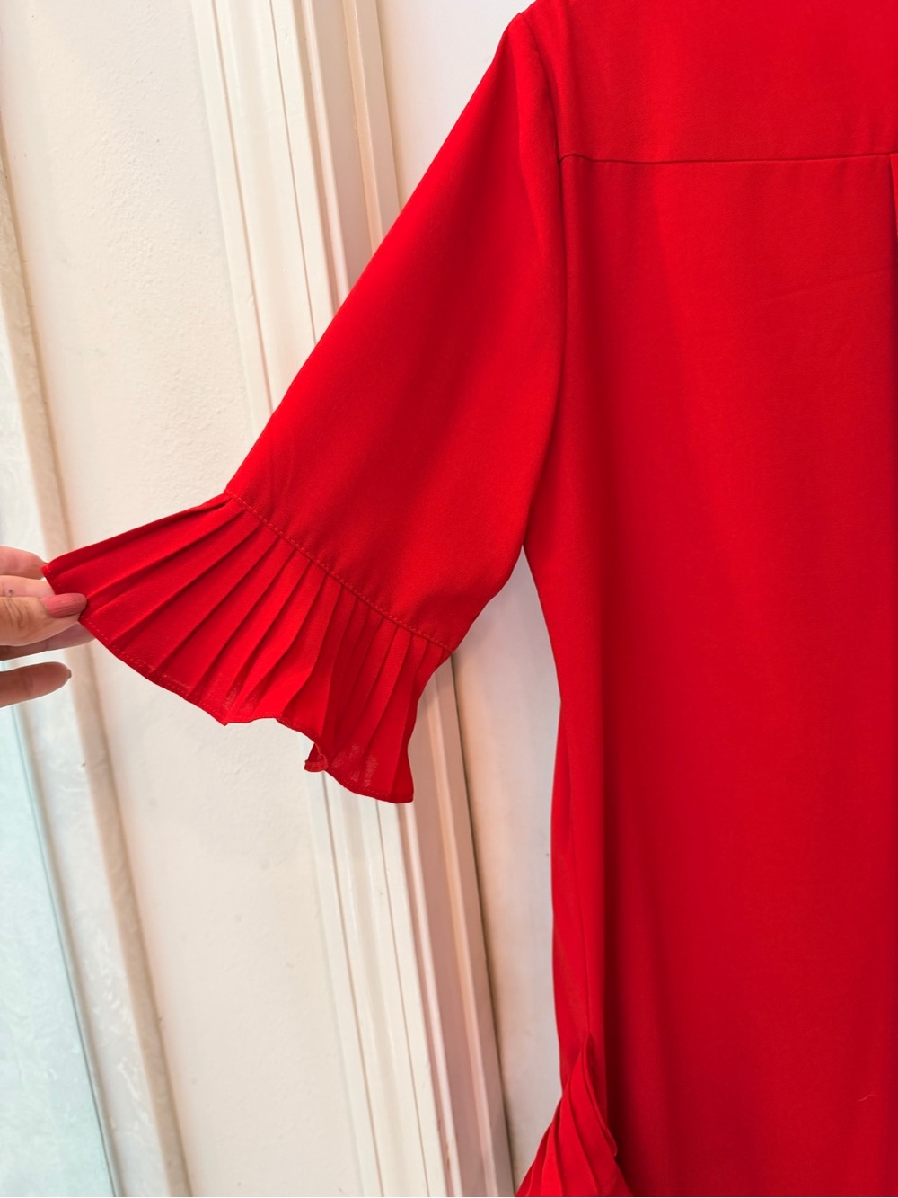 Red Ruffle Hem & 3/4 Length Sleeve Tunic / Shift Dress, Elegant Casual, Sz L - Picture 7 of 12